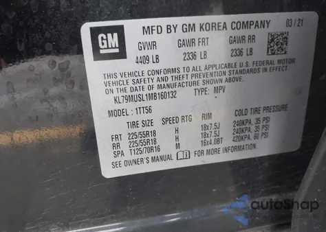 2021 Chevrolet Trailblazer Awd Rs z USA, uszkodzony, nr VIN KL79MUSL1MB160132